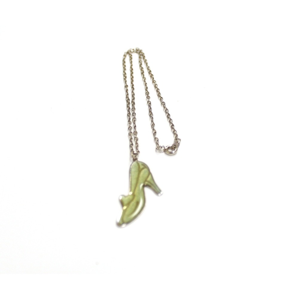 Disney Cinderella Shoe Pendant Necklace Charm Green Silver Tone Chain